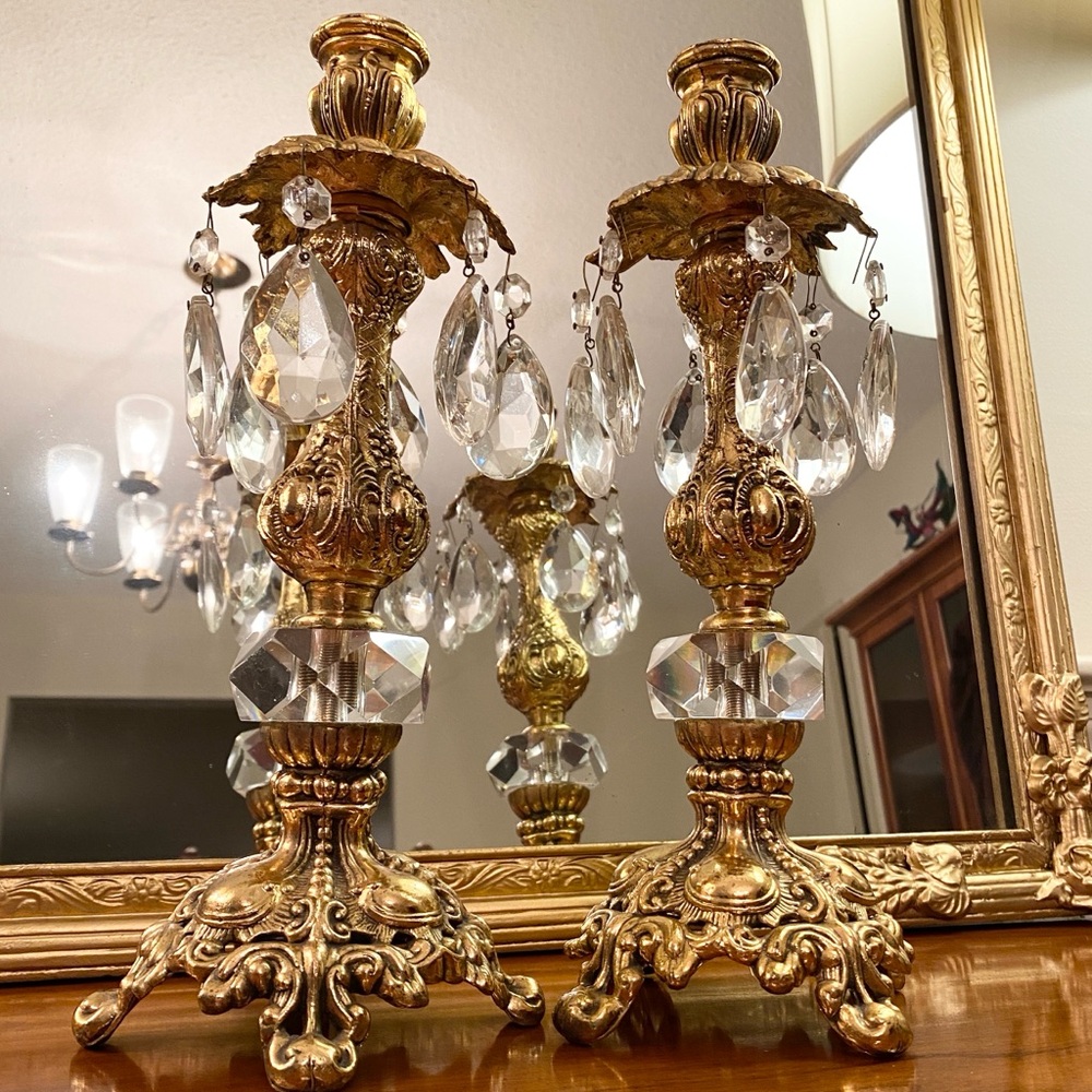 Antique 1952 Hollywood Regency Brass Cut Crystal Candlesticks With Prisms RARE!